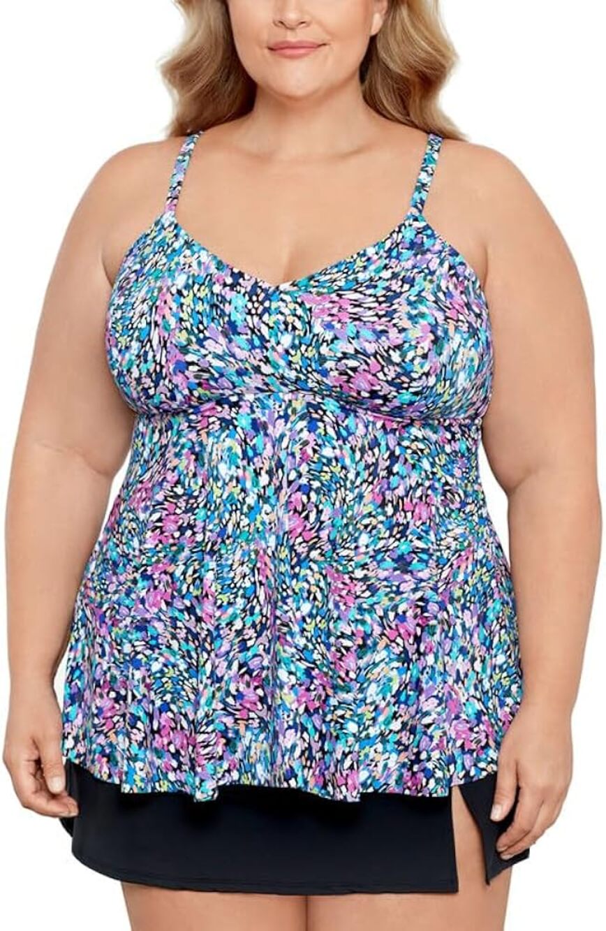 Swim Solutions Women's Plus Size Printed V-Neck Underwire Tankini Top in Multi